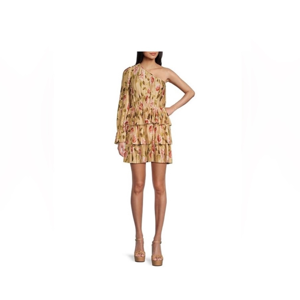 WAYF One-Shoulder Floral Tiered Dress - Gold and Pink, size Large